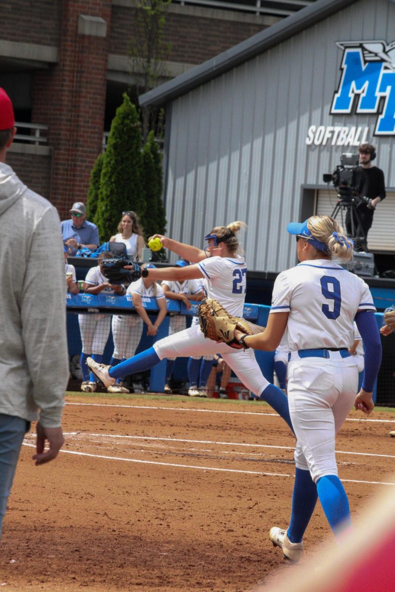  Middle Tennessee pitcher Braelyn Hall (27) delivers a pitch during the second
inning against Louisiana Tech at Blue Raider Softball Field on April 4, 2026.