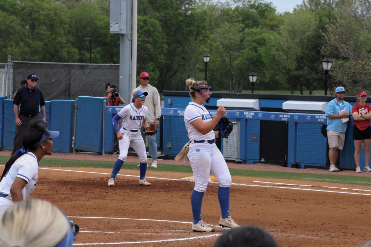 Middle Tennessee pitcher Braelyn Hall (27) strikes out Louisiana Tech's Reese
Torres (99) at Blue Raider Softball Field on April 4, 2026.