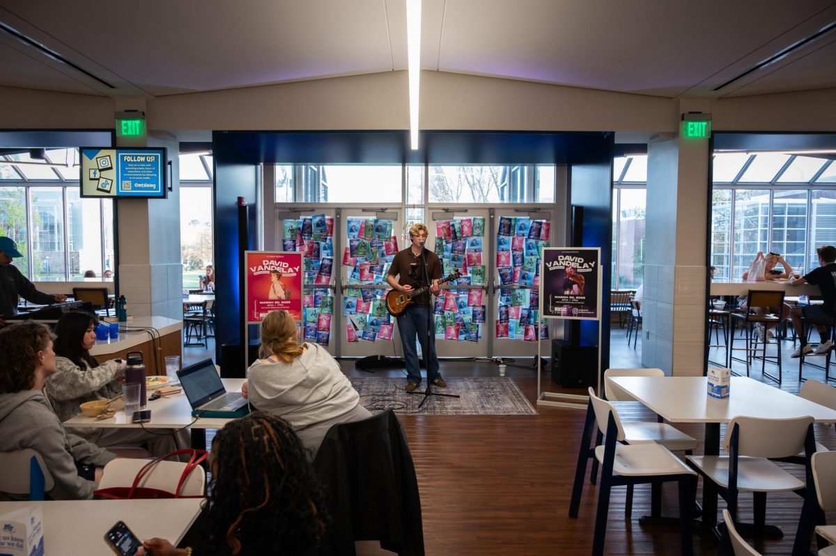 David Vandelay performs for students at McCallies dining hall on Mar. 30, 2026.
