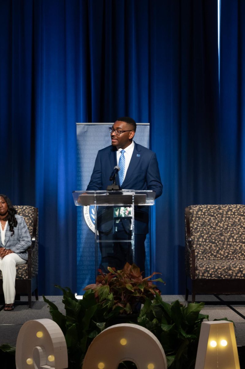 Former SGA President R.J. Ware gives a farewell address at the SGA inauguration in the
James Union Building on Apr. 23, 2026.