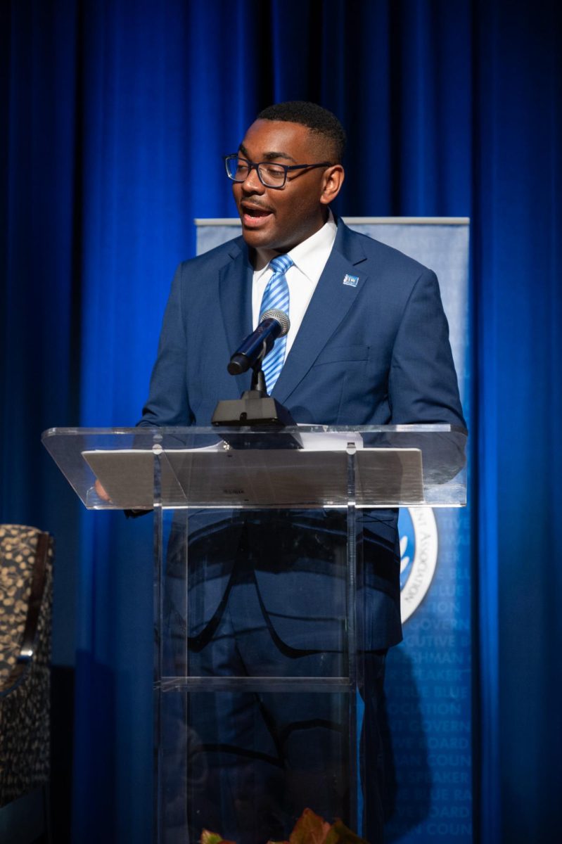 Former President R.J. Ware gives a farewell address at the SGA inauguration in the James Union Building on Apr 23, 2026.
