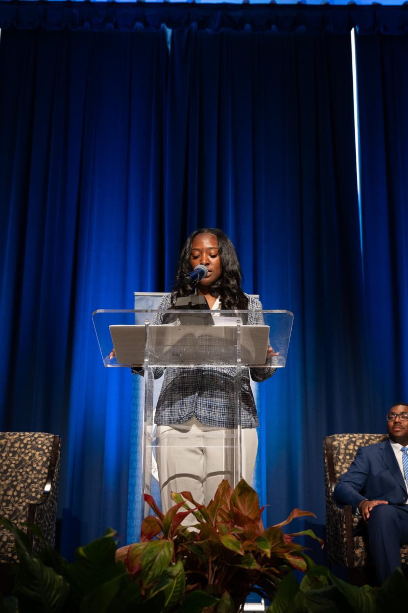 Incoming SGA President Kennedy Garrett gives a speech at the SGA inauguration in the James Union Building on Apr. 23, 2026.
