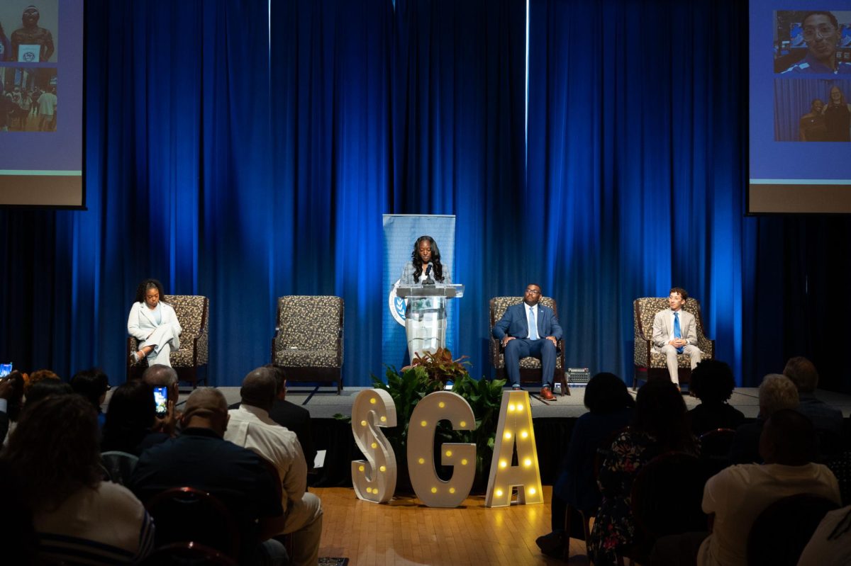 Incoming SGA President Kennedy Garrett gives a speech at the SGA inauguration in the James Union Building on Apr. 23, 2026.