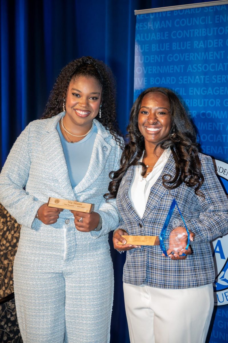 Incoming Vice president Nia Moore (left) and incoming SGA President Kennedy Garrett
(right) at the SGA inauguration in the James Union Building on Apr. 23, 2026.
