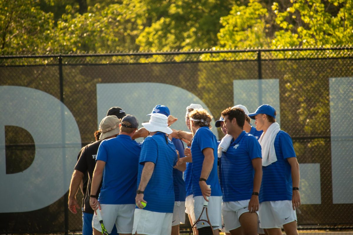MTSU men's tennis huddles together for a team breakdown at the MTSU Tennis Complex on April 10, 2026. 