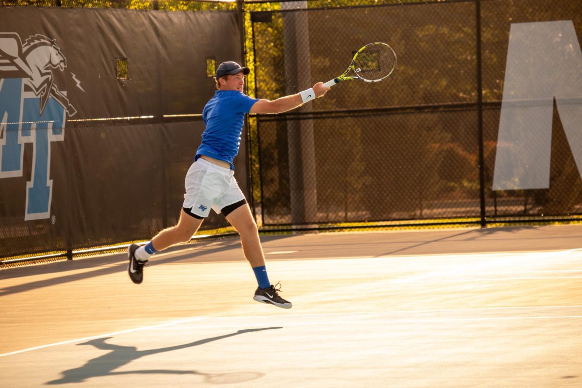 Ondrej Horak finishes through his forehand against Bellarmine University at the MTSU Tennis Complex on April 10, 2026. 