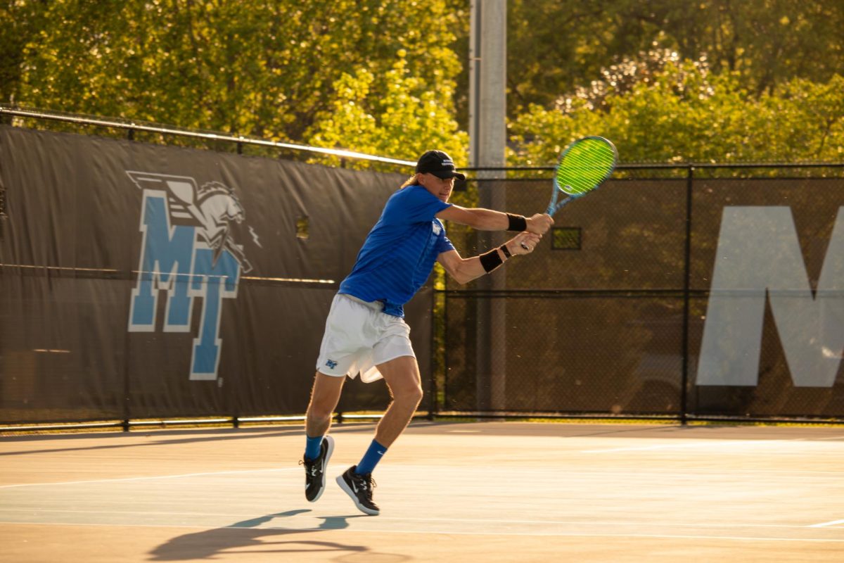 Antoine Mayoral follows through on his backhand return at the MTSU Tennis Complex on April 10, 2026. 