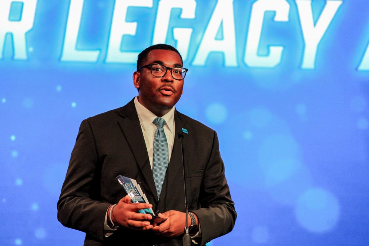 SGA President RJ Ware accepts the Trailblazer Legacy Award at the MTSU Bolt Awards on April 14, 2026.