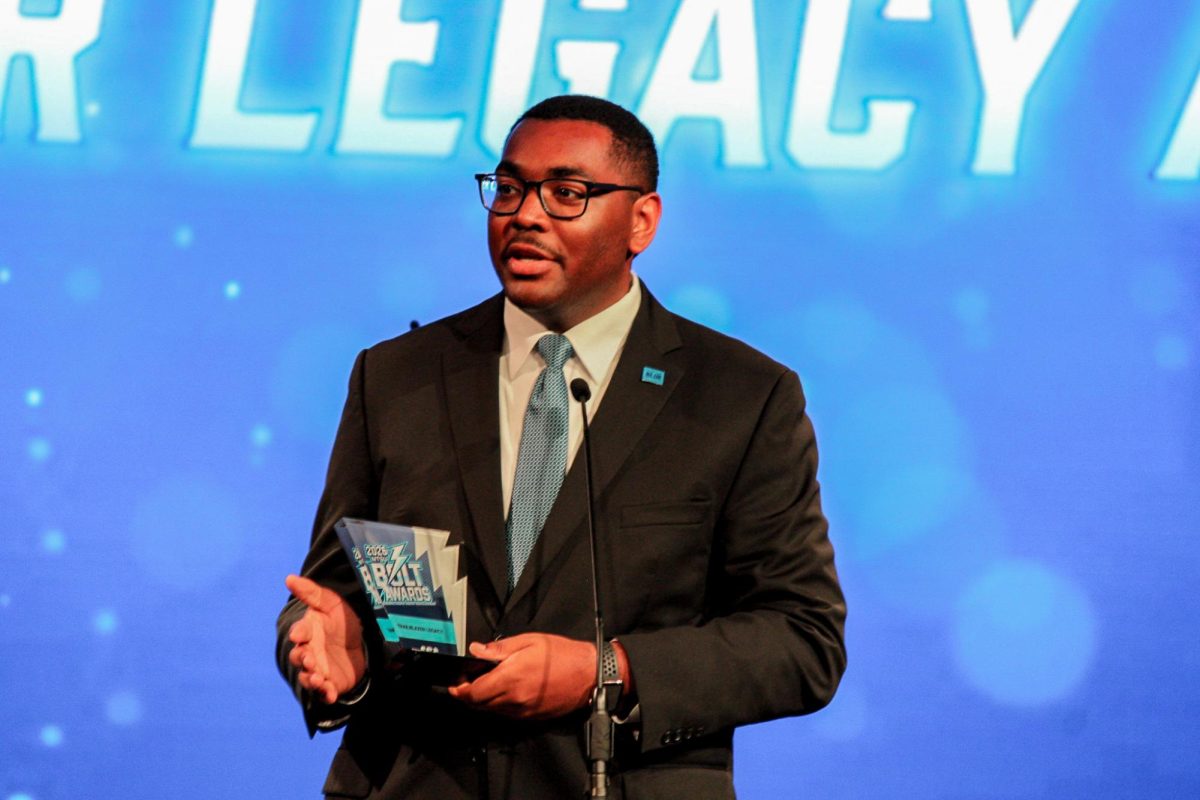 SGA President RJ Ware accepts the Trailblazer Legacy Award at the MTSU Bolt Awards on April 14, 2026.