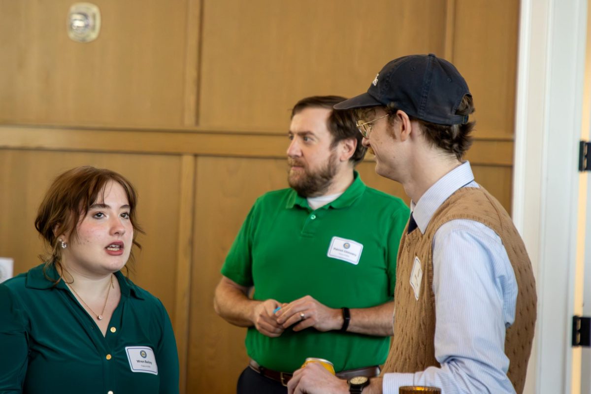 Lead news reporter Wren Bailey (left) and former editor-in-chief Noah McLane talk during the MTSU Sidelines 100 Years Celebration at Riverside Revival in Nashville, Tennessee, on April 9, 2026. 