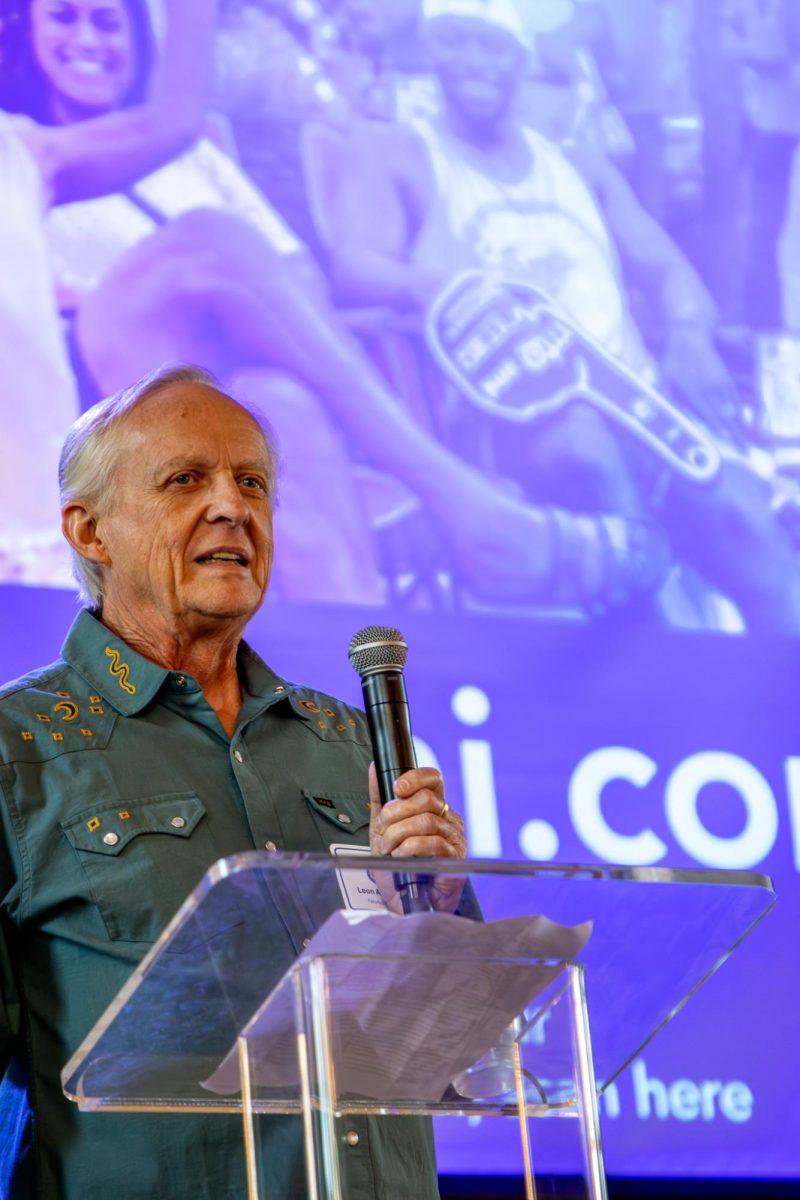 Former MTSU Sidelines adviser Leon Alligood speaks before a crowd of Sidelines Alumni during the MTSU Sidelines 100 Years Celebration at Riverside Revival in Nashville, Tennessee, on April 9, 2026. 