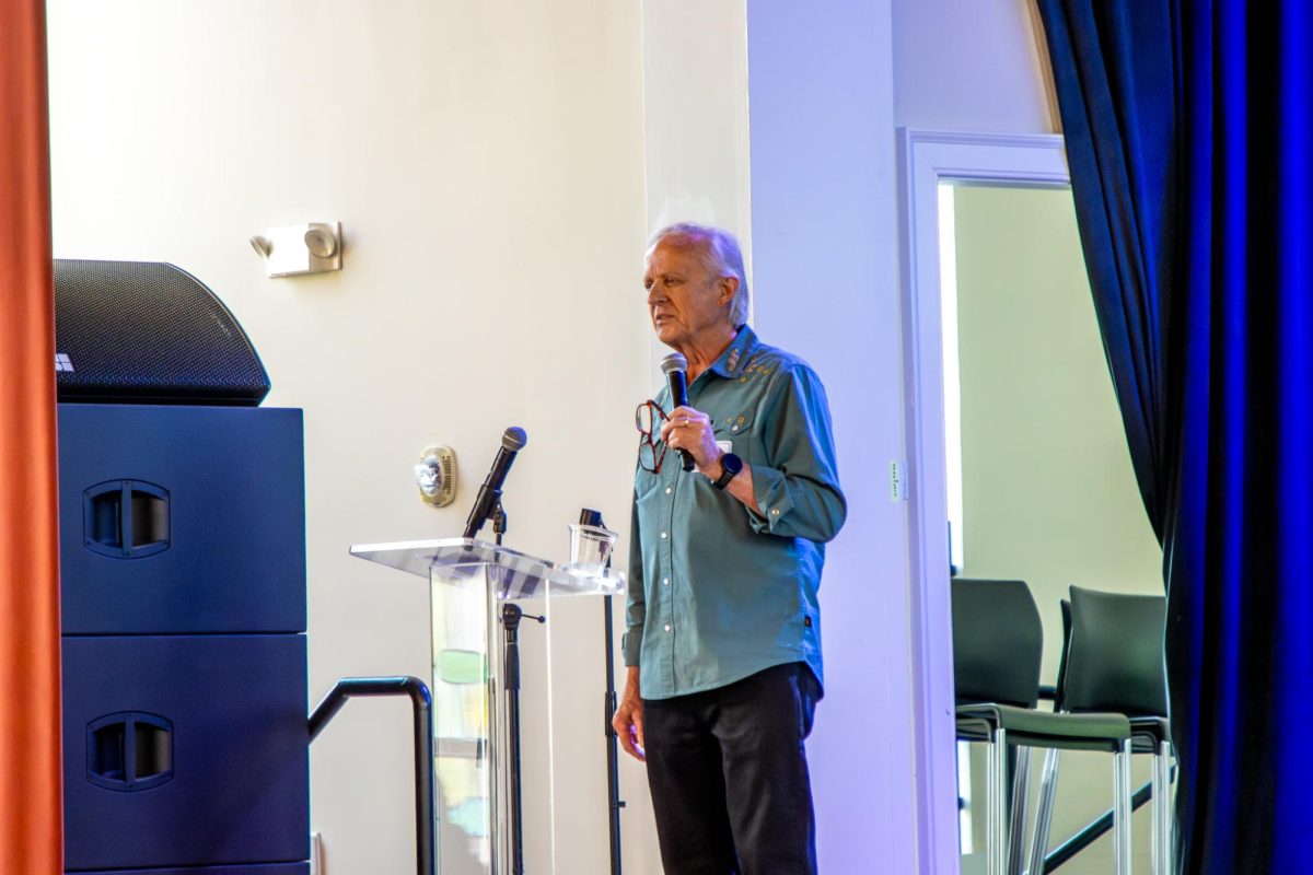 Former MTSU Sidelines adviser Leon Alligood speaks before a crowd of Sidelines Alumni during the MTSU Sidelines 100 Years Celebration at Riverside Revival in Nashville, Tennessee, on April 9, 2026. 