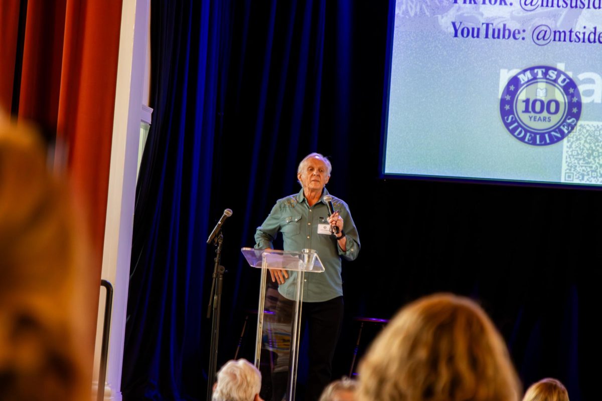 Former MTSU Sidelines adviser Leon Alligood speaks before a crowd of Sidelines Alumni during the MTSU Sidelines 100 Years Celebration at Riverside Revival in Nashville, Tennessee, on April 9, 2026. 