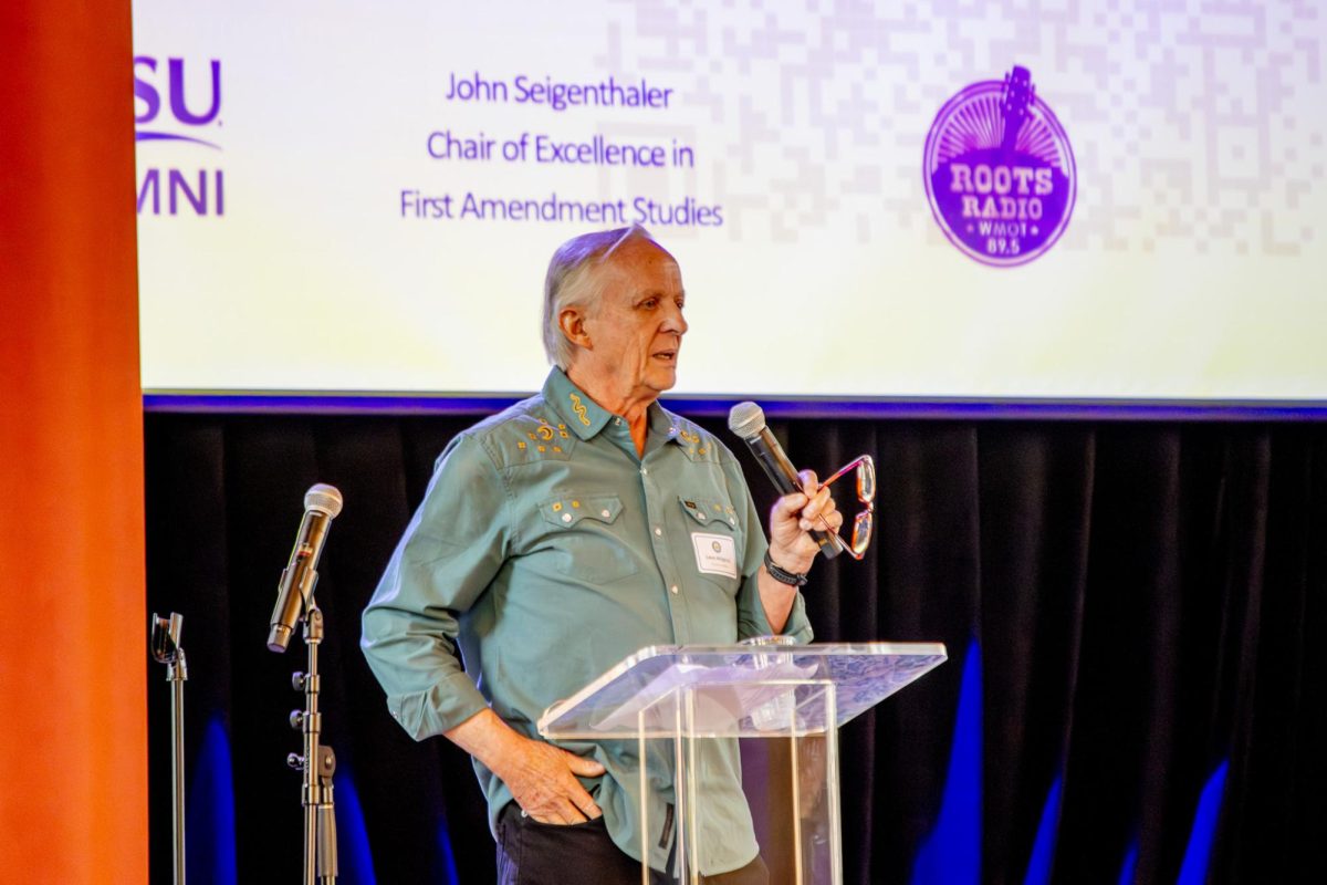 Former MTSU Sidelines adviser Leon Alligood speaks before a crowd of Sidelines Alumni during the MTSU Sidelines 100 Years Celebration at Riverside Revival in Nashville, Tennessee, on April 9, 2026. 