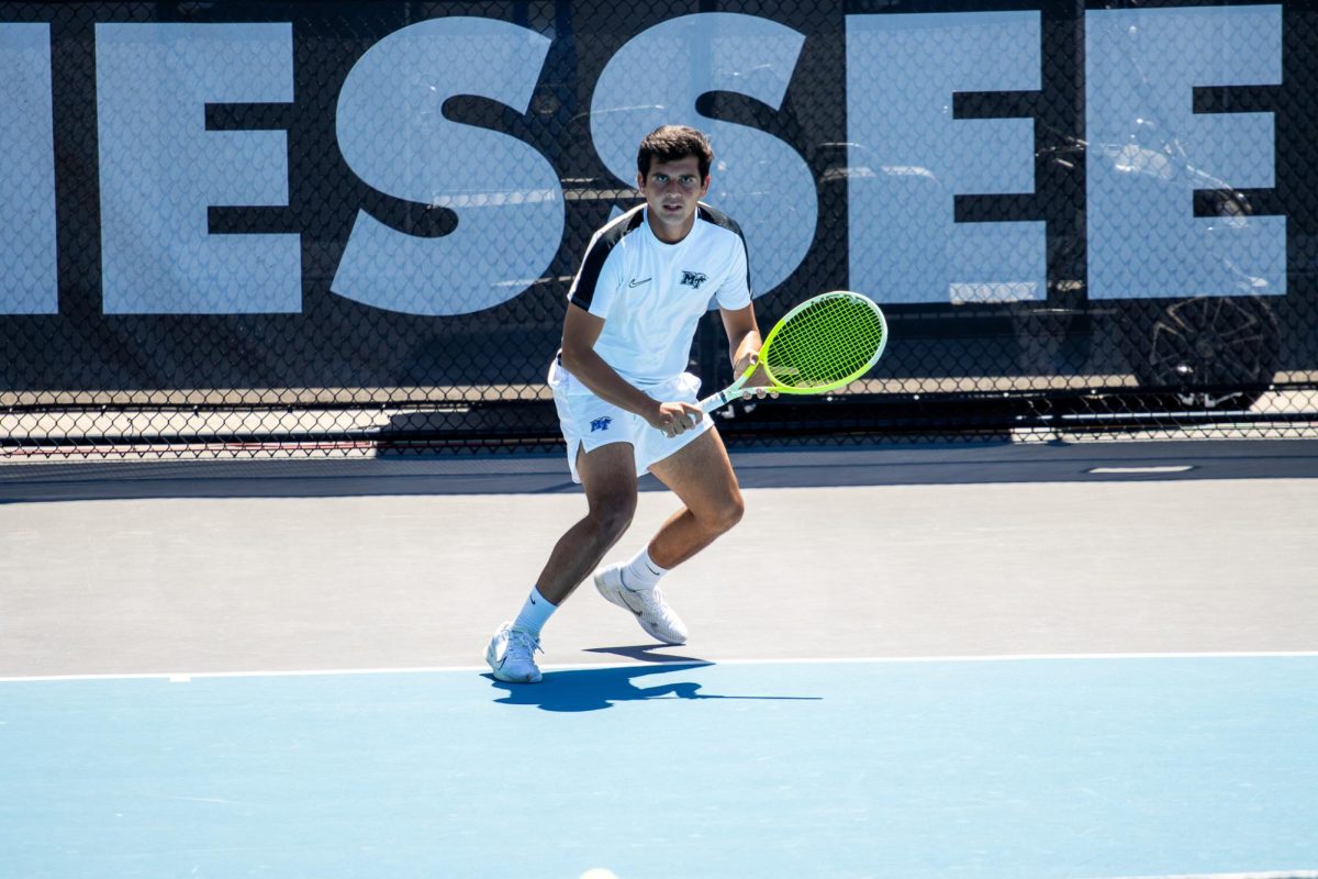 Birtan Duran gets set to receive a volley against Liberty's Rodrigo Santiago at the Outdoor Tennis Complex on April 19, 2026. 