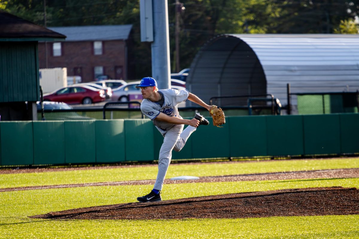 MTSU pitcher Bryant Beranek follows through on a pitch during a game against Tennessee Tech University at Bush Stadium on April 21, 2026.