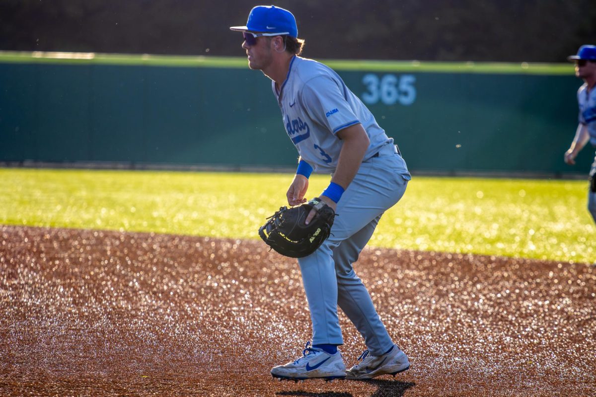 MTSU first baseman Tyler Minnick watches for pitch during a game against Tennessee Tech University at Bush Stadium on April 21, 2026.