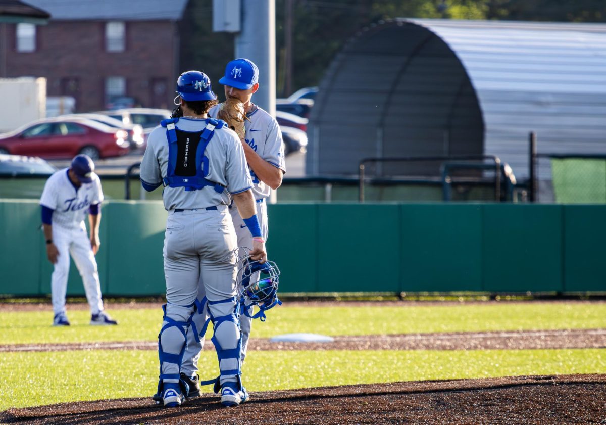 MTSU pitcher Bryant Beranek and catcher Dean O’Neill meet on the mound during a game against Tennessee Tech University at Bush Stadium on April 21, 2026.