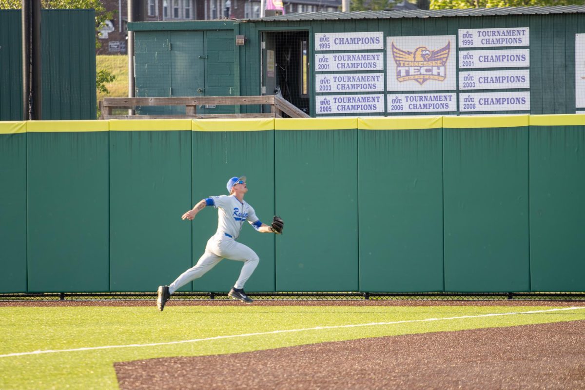 MTSU outfielder Brett Rogers rund for a foul ball during a game against Tennessee Tech University at Bush Stadium on April 21, 2026.