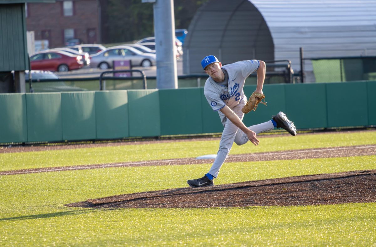 MTSU pitcher Bryant Beranek follows through on a pitch during a game against Tennessee Tech University at Bush Stadium on April 21, 2026.