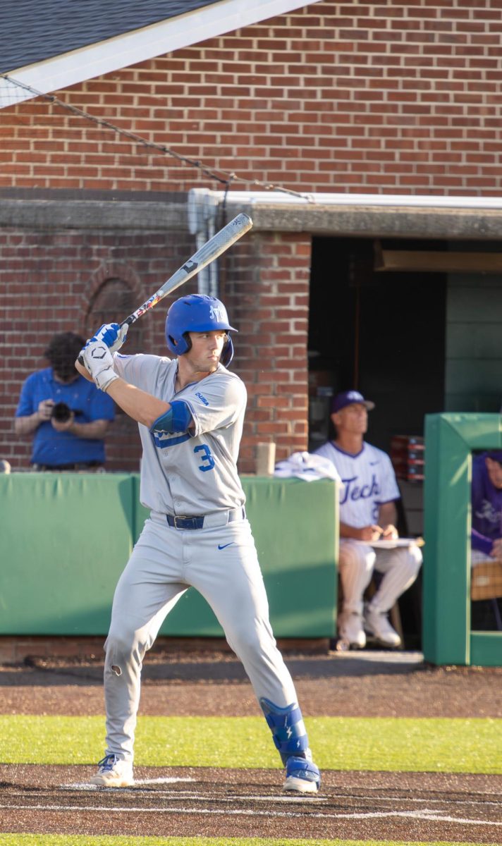 MTSU first baseman Tyler Minnick awaits a pitch during a game against Tennessee Tech University at Bush Stadium on April 21, 2026.