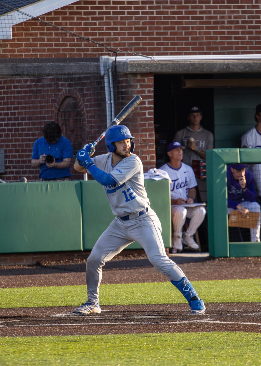 MTSU catcher Dean O'Neill awaits a pitch during a game against Tennessee Tech University at Bush Stadium on April 21, 2026.