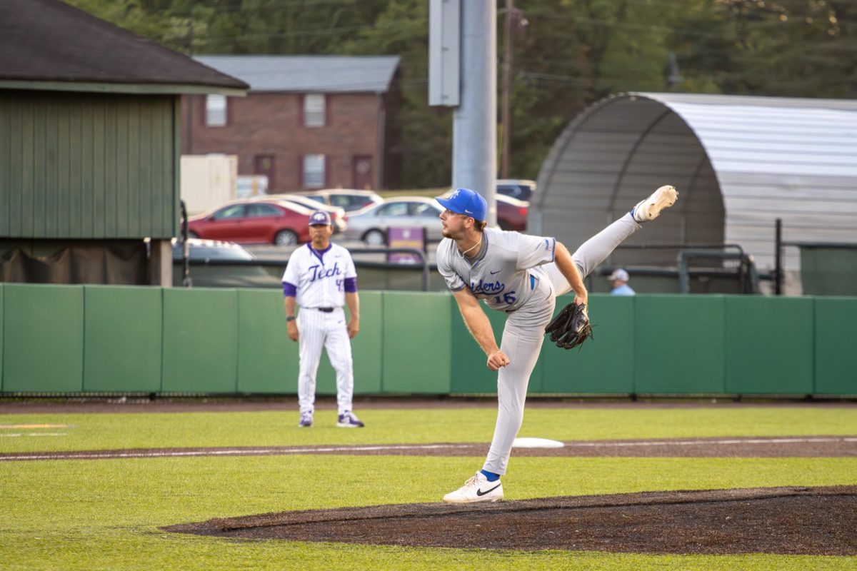 MTSU pitcher Landen Burch  follows through on a pitch during a game against Tennessee Tech University at Bush Stadium on April 21, 2026.
