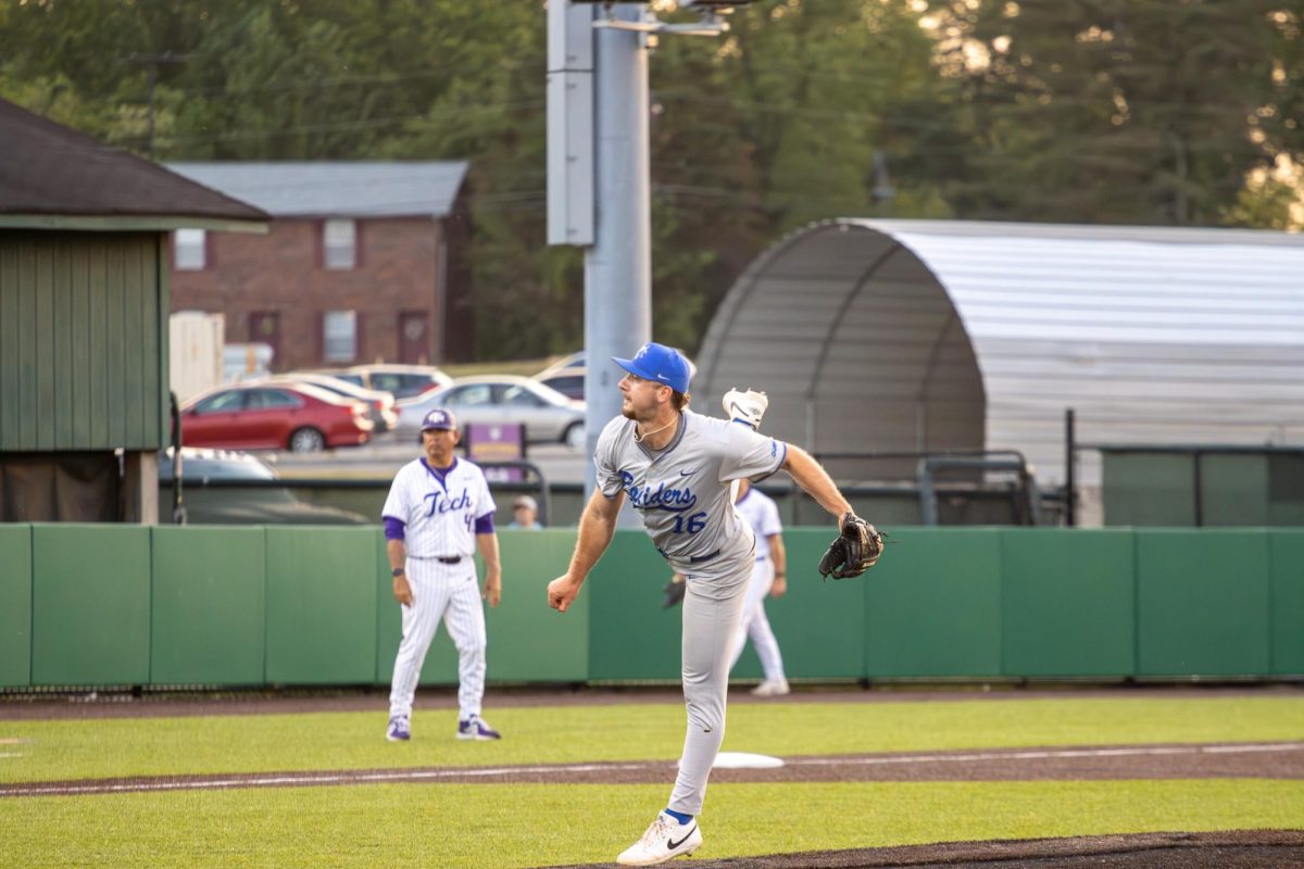 MTSU pitcher Landen Burch  follows through on a pitch during a game against Tennessee Tech University at Bush Stadium on April 21, 2026.