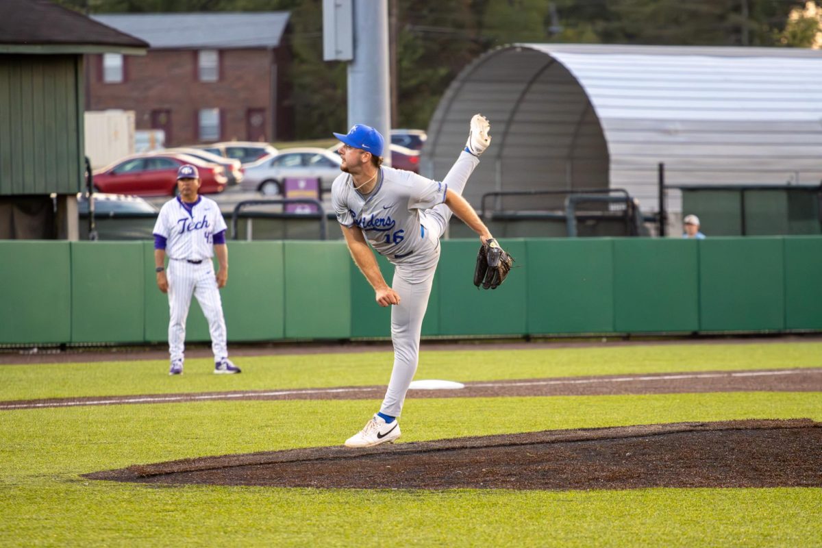MTSU pitcher Landen Burch  follows through on a pitch during a game against Tennessee Tech University at Bush Stadium on April 21, 2026.