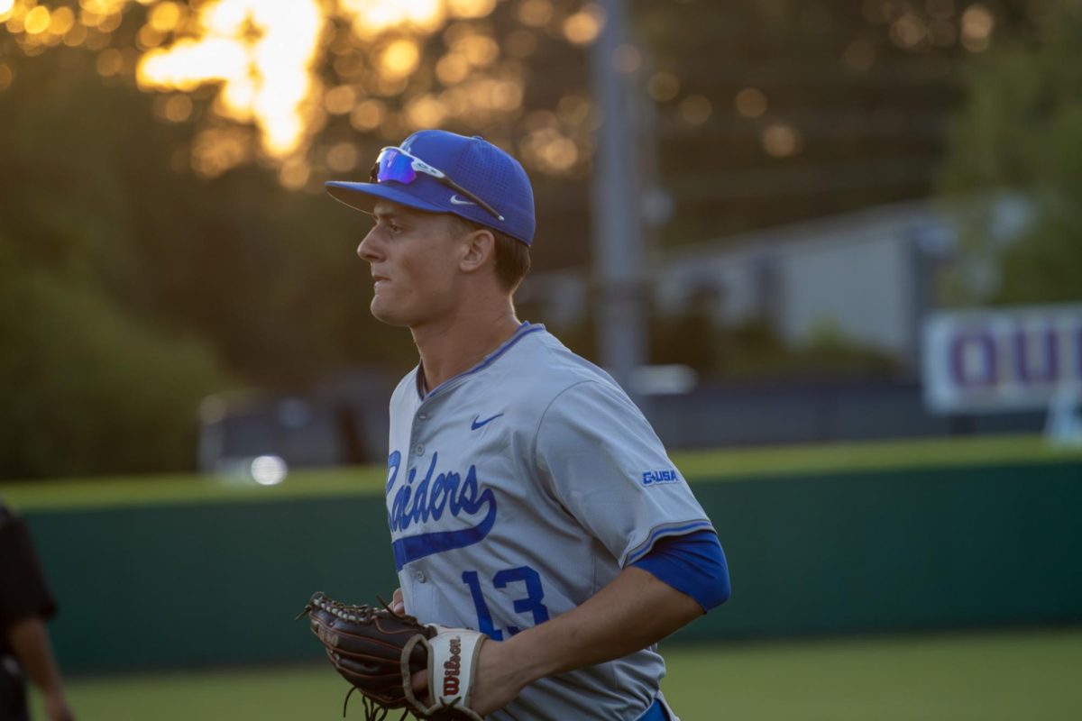 MTSU outfielder Brett Rogers running in after the inning during a game against Tennessee Tech University at Bush Stadium on April 21, 2026.