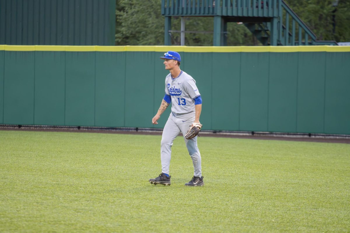 MTSU outfielder Brett Rogers watches for pitch during a game against Tennessee Tech University at Bush Stadium on April 21, 2026.