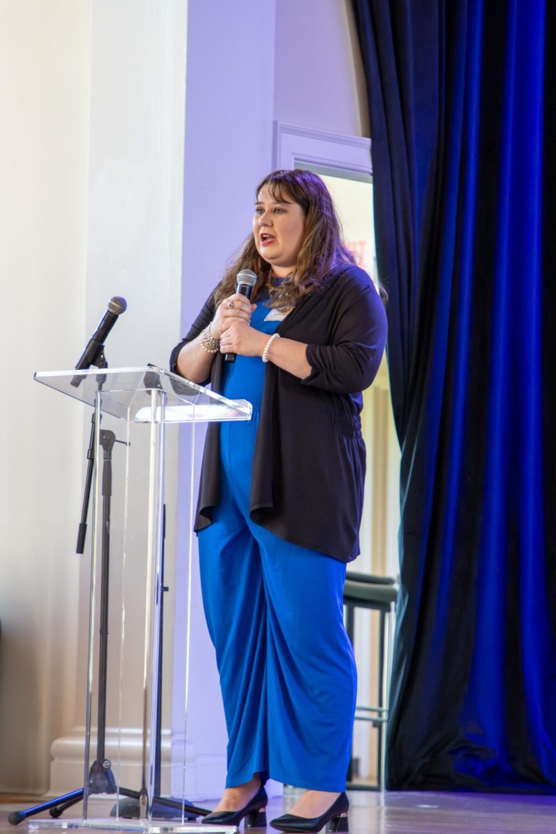 MTSU Sidelines adviser Emily West speaks to the crowd during the MTSU Sidelines 100 Years Celebration at Riverside Revival in Nashville, Tennessee, on April 9, 2026. 