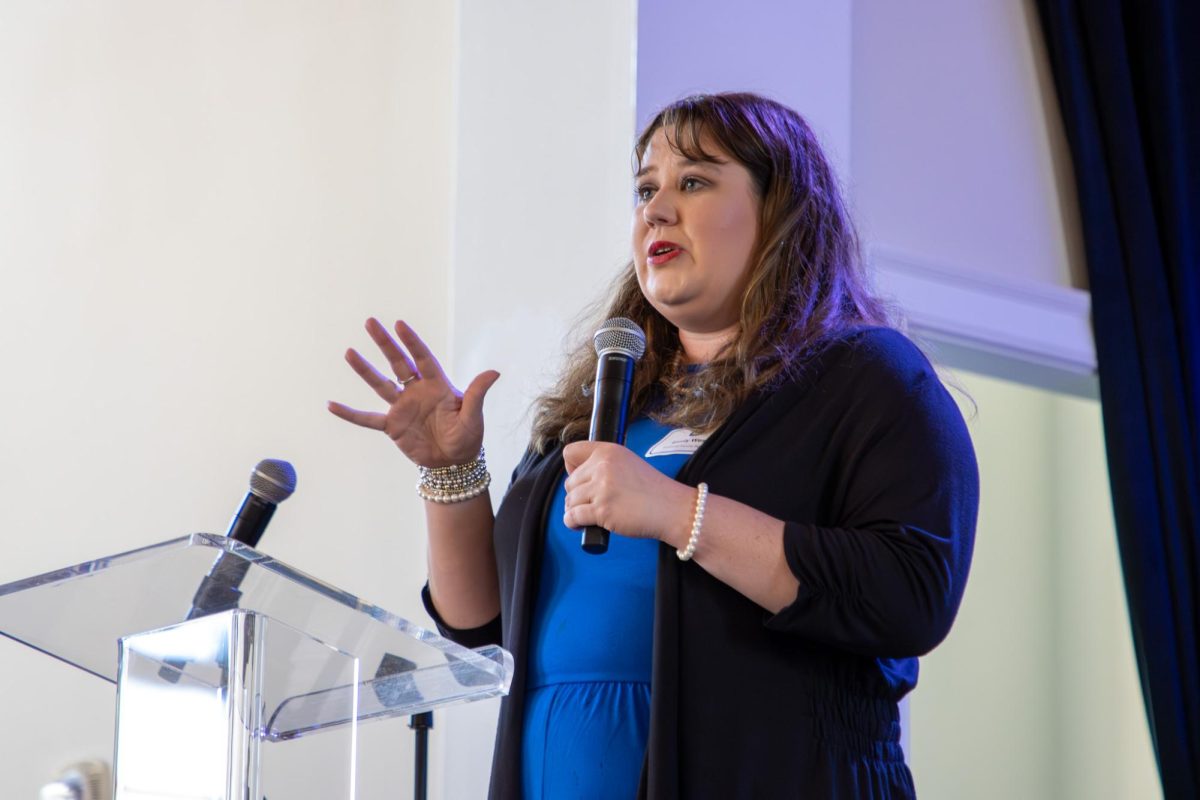 MTSU Sidelines adviser Emily West speaks to the crowd during the MTSU Sidelines 100 Years Celebration at Riverside Revival in Nashville, Tennessee, on April 9, 2026. 