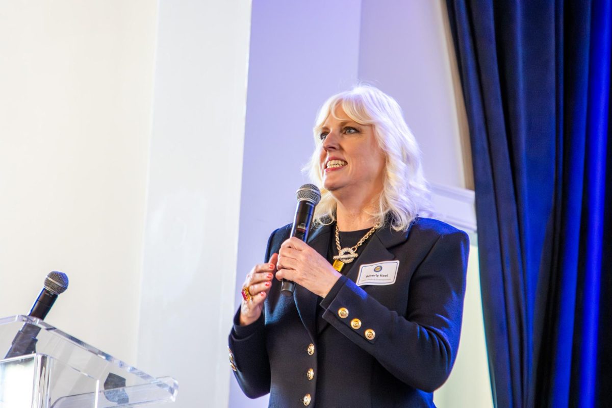MTSU's Scott Borchetta College of Media and Entertainment Dean Beverly Keel speaks during the MTSU Sidelines 100 Years Celebration at Riverside Revival in Nashville, Tennessee, on April 9, 2026. 