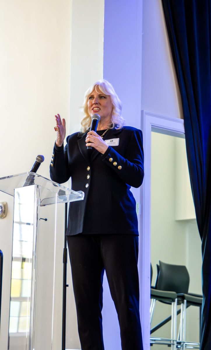 MTSU's Scott Borchetta College of Media and Entertainment Dean Beverly Keel speaks during the MTSU Sidelines 100 Years Celebration at Riverside Revival in Nashville, Tennessee, on April 9, 2026. 
