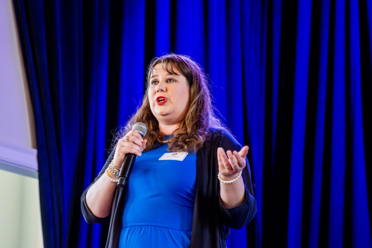 MTSU Sidelines adviser Emily West speaks to the crowd during the MTSU Sidelines 100 Years Celebration at Riverside Revival in Nashville, Tennessee, on April 9, 2026. 
