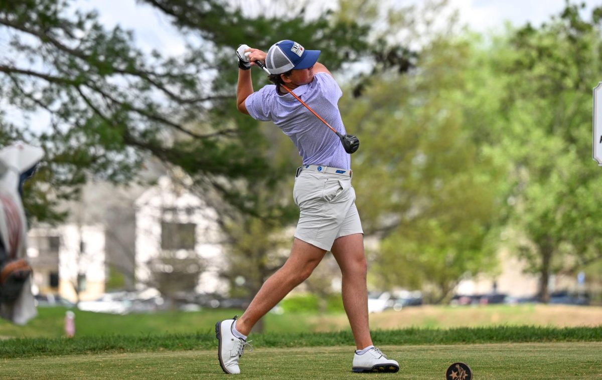 MTSU golfer Owen Queener follows through on a driver during the Mason Rudolph Weekend tournament at the Vanderbilt Legends Club golf course. 