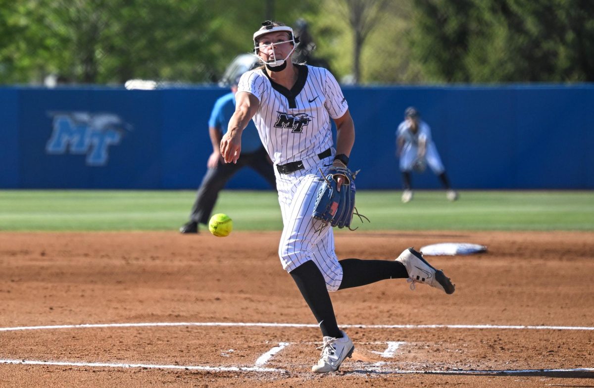 MTSU pitcher Halle Klaiber tosses a pitch during a game against Louisiana Tech University at the Blue Raider Softball Field on April 3, 2026. 