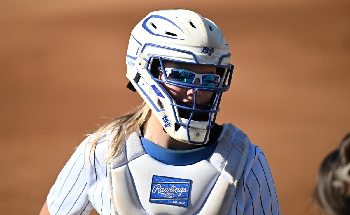MTSU catcher Ansley Blevins chats with a teammates before a game against Louisiana Tech University at the Blue Raider Softball Field on April 3, 2026. 