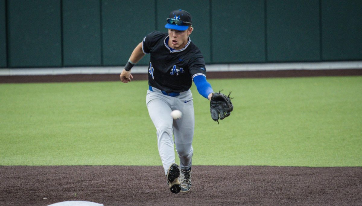 MTSU shortstop Clay Badylak lunges for a line drive during a game against Vanderbilt University at Hawkins Field on April 28, 2026. 