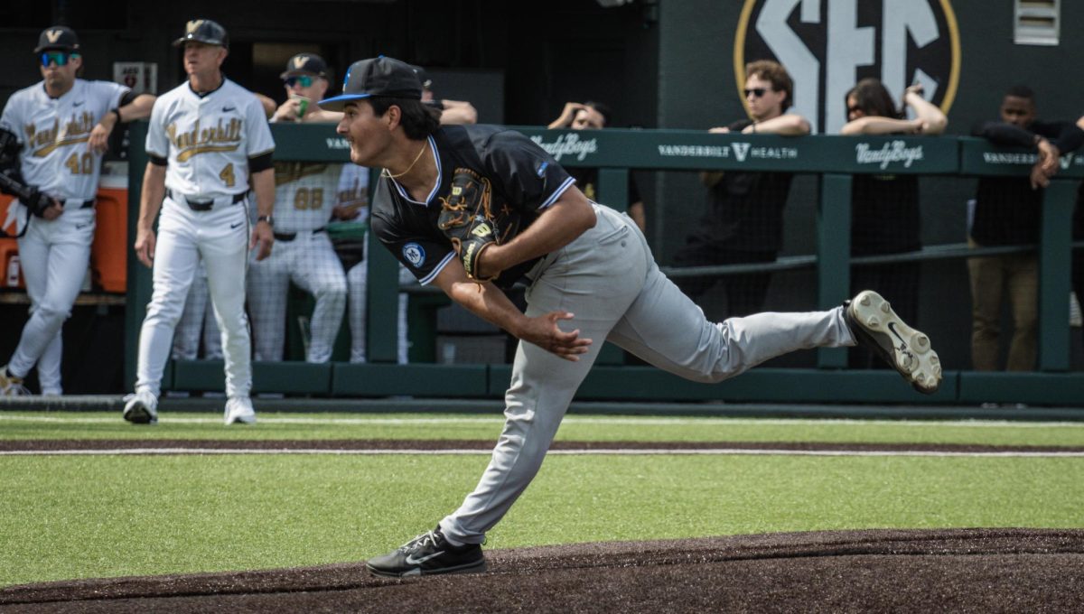 MTSU pitcher Abel Albarran follows through on a pitch during a game against Vanderbilt University at Hawkins Field on April 28, 2026. 