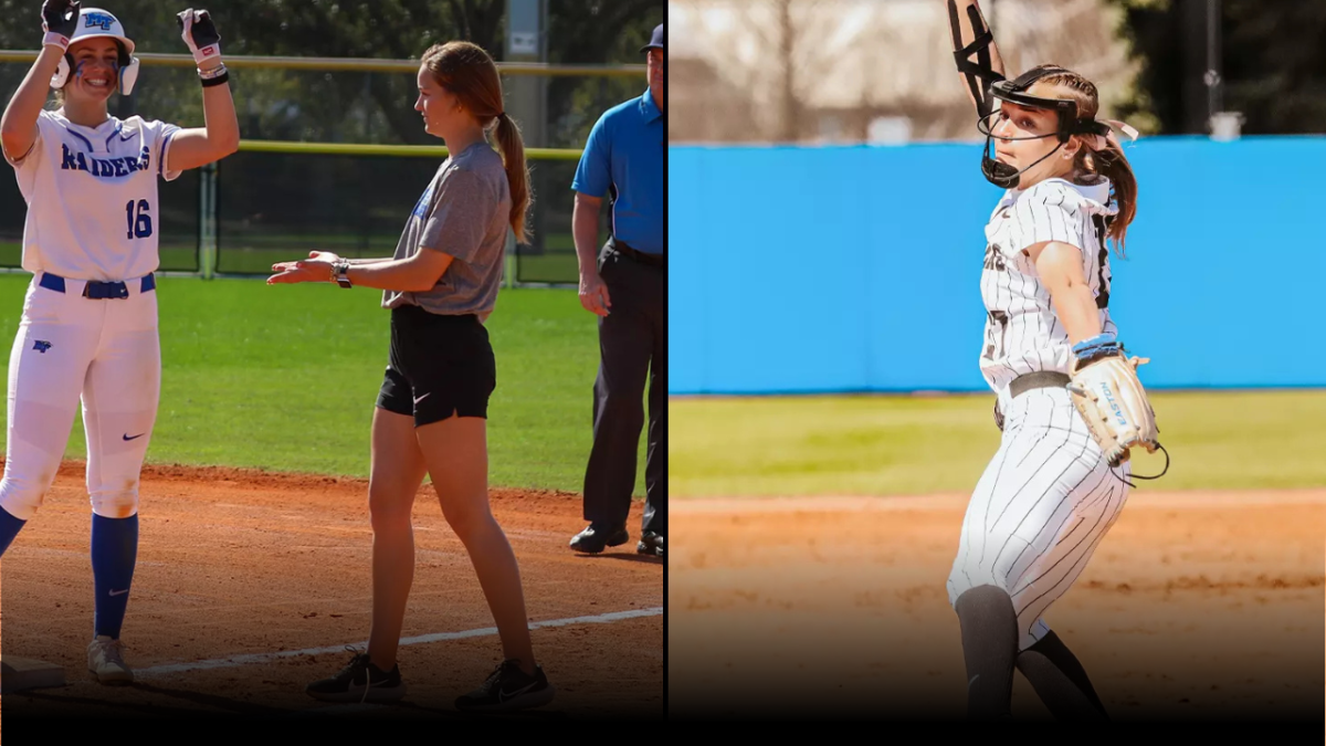 MTSU assistant coach Gretchen Mead celebrates with Jana Watt after a base hit (left) and Mead tosses a pitch. 