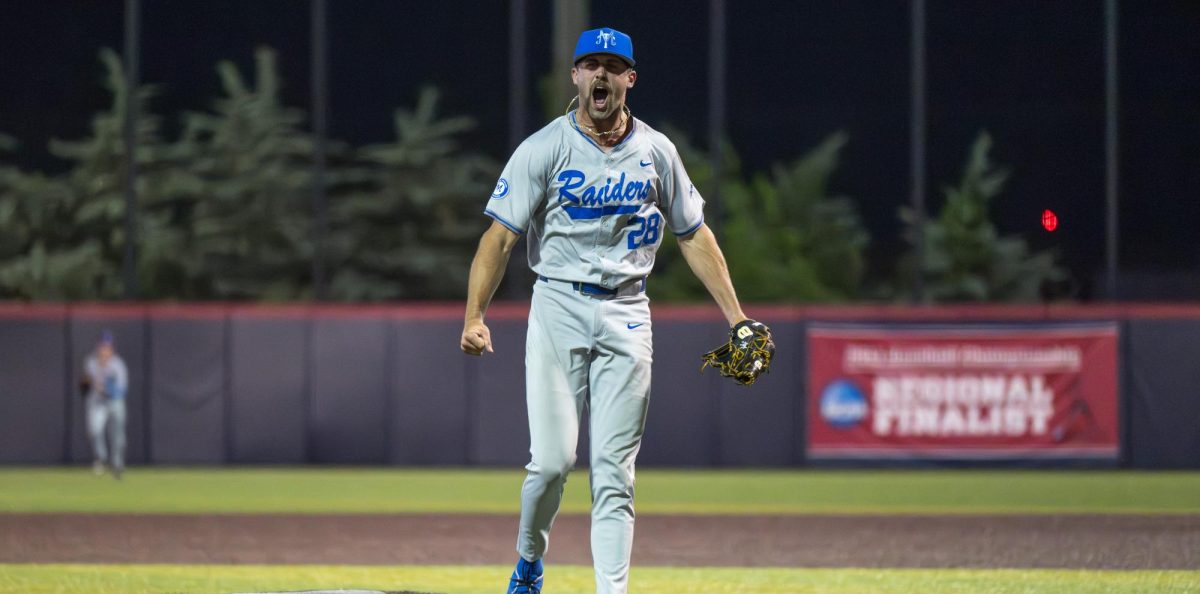 MTSU pitcher Gavin King celebrates after striking out the side in the 11th inning during a game against Belmont University at E.S Rose Park on April 14, 2026.