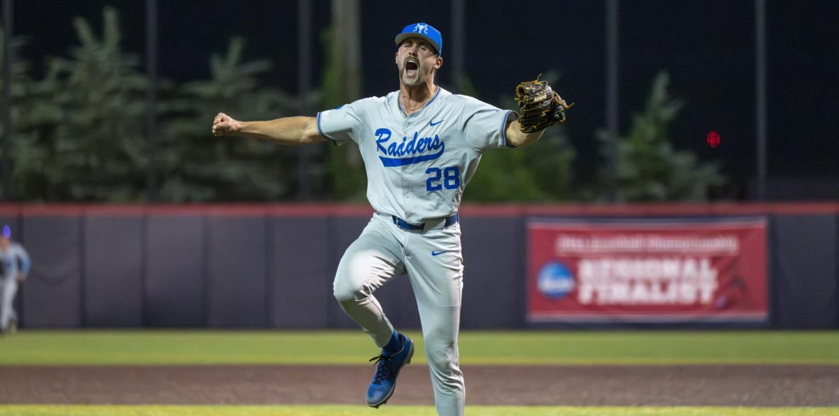 MTSU pitcher Gavin King celebrates after striking out the side in the 11th inning during a game against Belmont University at E.S Rose Park on April 14, 2026.