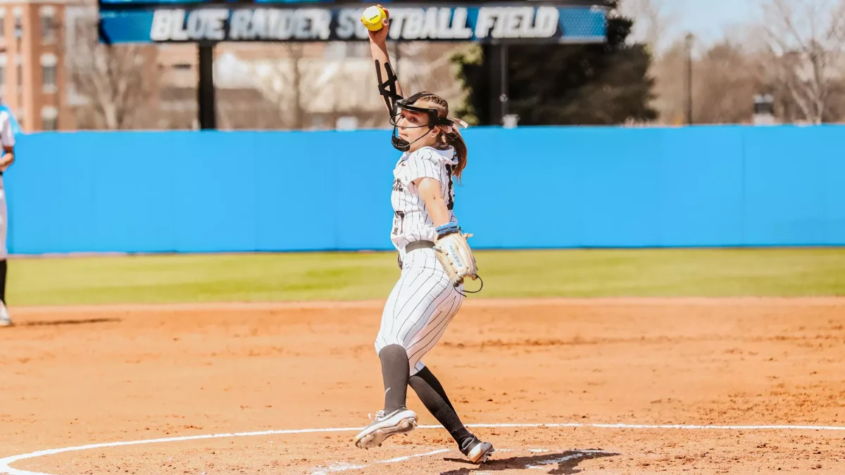 Former MTSU pitcher Gretchen Mead winds up from the circle. 
