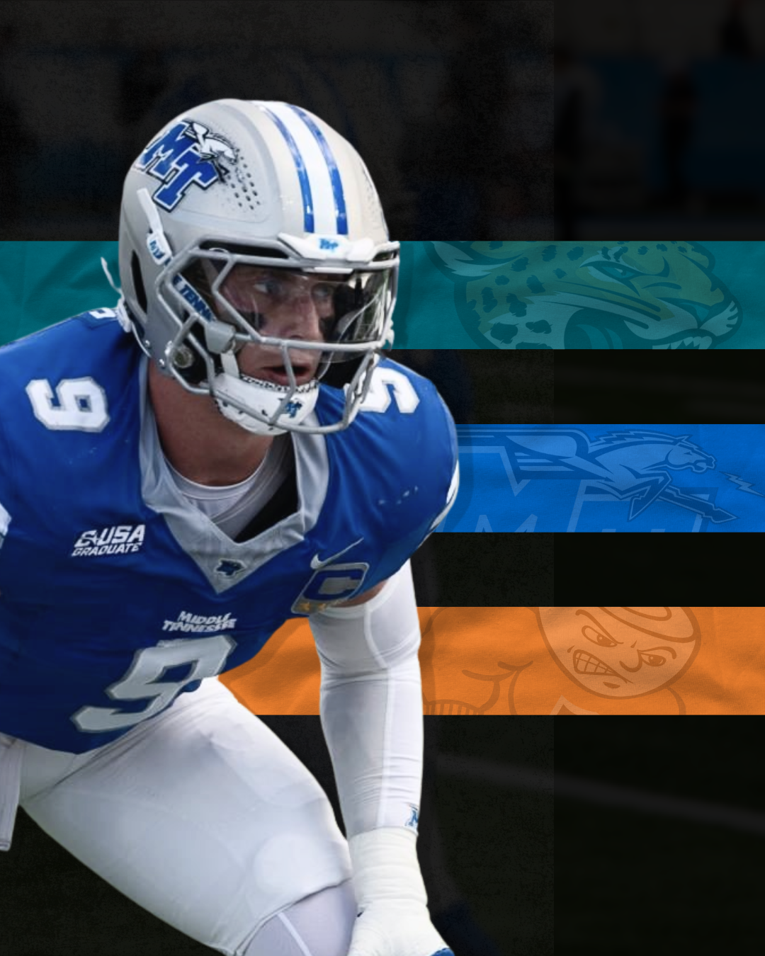 A collage of former MTSU linebacker Parker Hughes and all three of the major teams he’s been a part of on May 5, 2026.