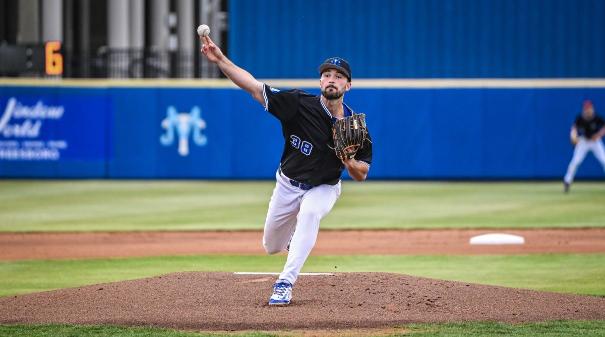 David Horn Jr. tosses a pitch from the mound during a game against Western Kentucky at Reese Smith Jr. Field on May 1, 2026. 