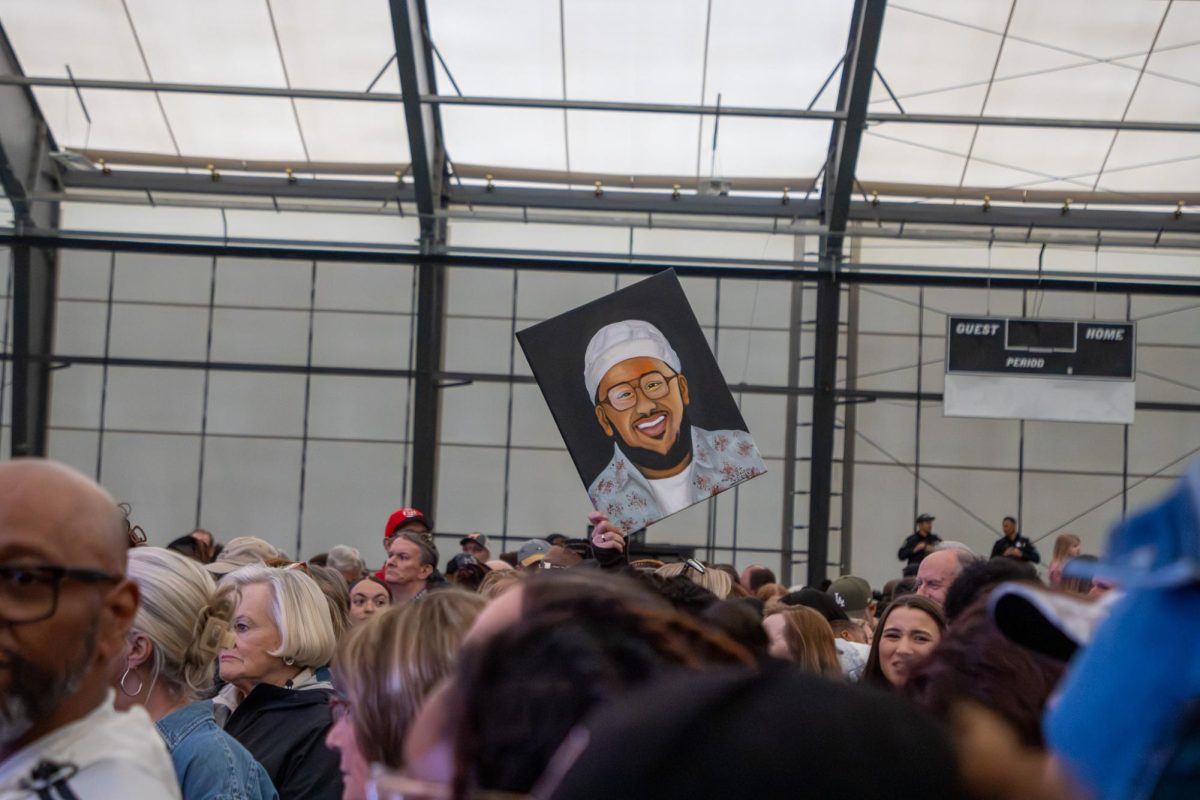 A fan's painting of Jordan McCullough being held up in the crowd at the Richard Siegel Soccer Complex on May 6, 2026.