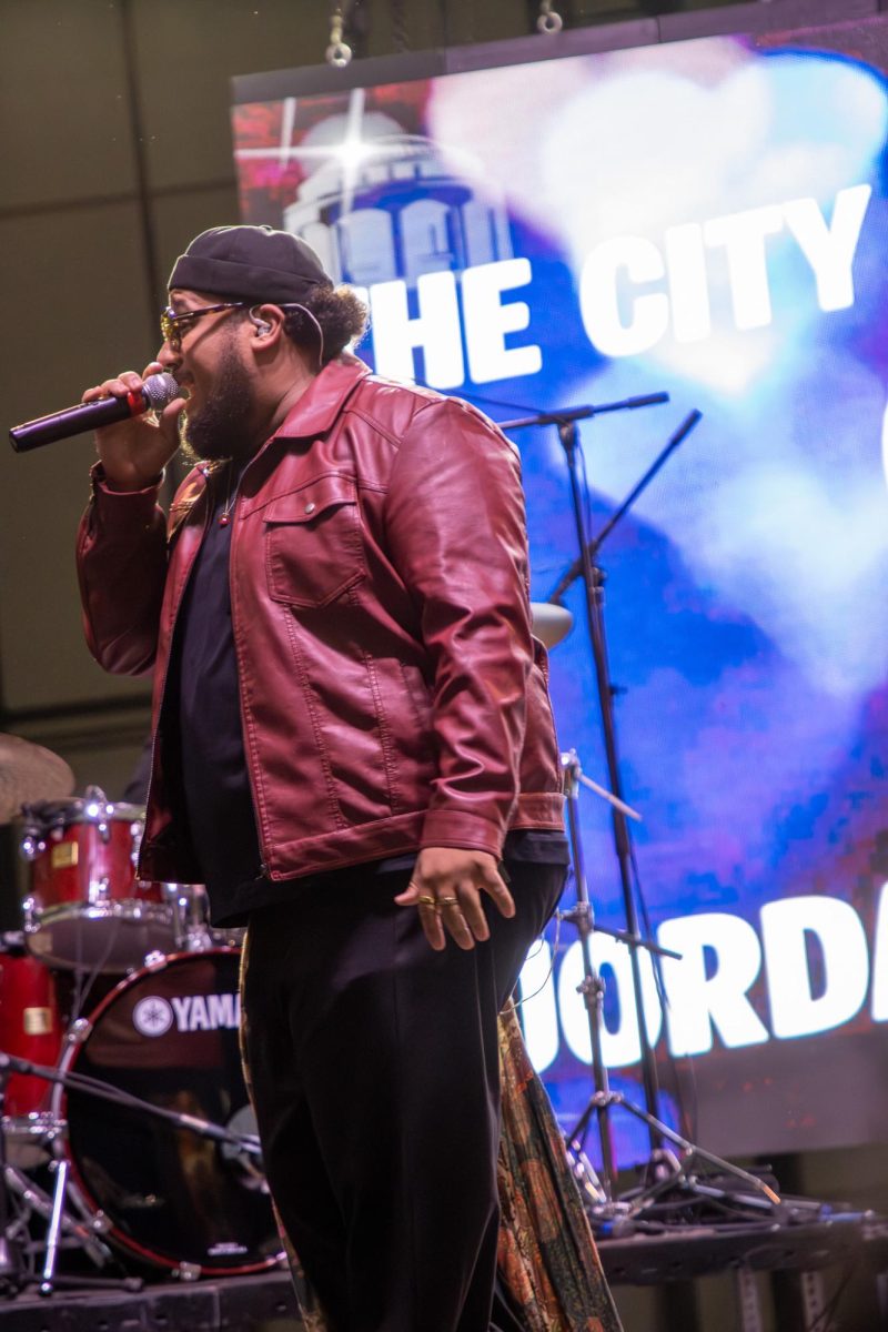 Jordan McCullough singing during his performance at the Richard Siegel Soccer Complex on May 6, 2026.