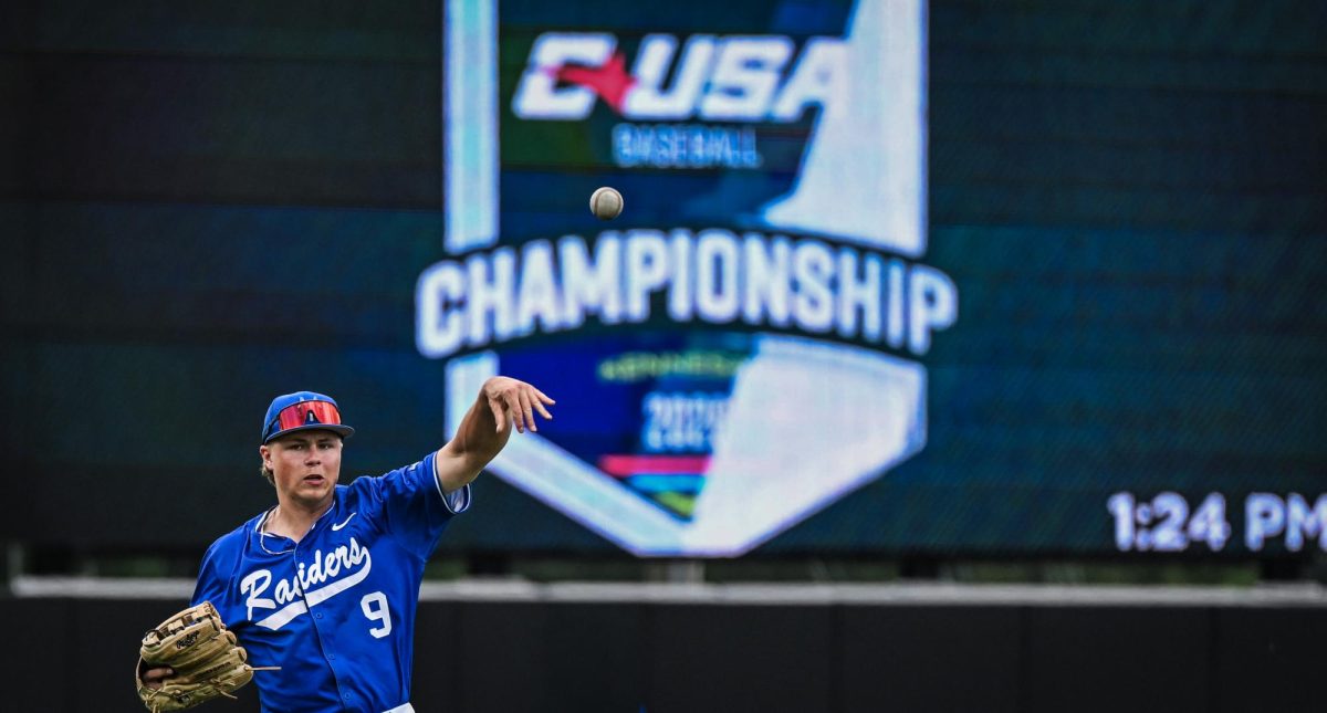 MTSU outfielder Owen Nowak throws from the outfield during pregame before a game against Jacksonville State University at Mickey Dunn Stadium on May 21, 2026. 